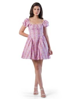 Pretty Pixie - Lilac Puff Sleeve Floral Stripe Mini Dress