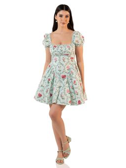Pretty Pixie - Mint Puff Sleeve Floral Mini Dress