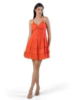 Pretty Pixie - Coral Lace-Trim Spaghetti Strap Mini Dress