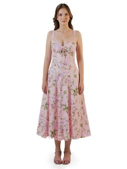 Pretty Pixie - Pastel Pink Floral Bustier Midi Cotton Dress