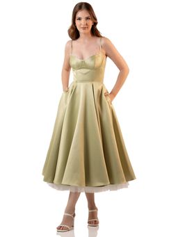 Pretty Pixie - Olive Green Cotton Bustier Spaghetti Strap Midi Dress