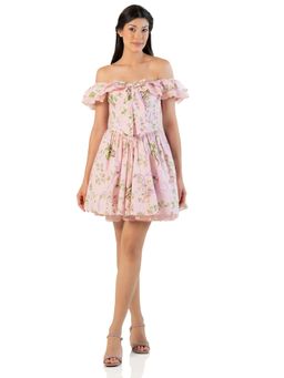 Pretty Pixie - Pink Floral Lace-Trim Off-Shoulder Mini Dress