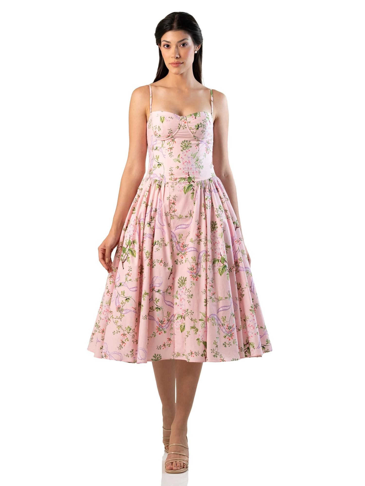 Pink Floral Bustier Strap Cotton Midi Dress-image-9