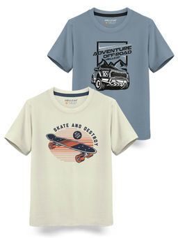 HELLCAT - Trendy Beige Bluish Grey Graphic T-Shirts (Pack of 2)