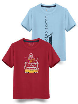 HELLCAT - Trendy Maroon Sky Blue Graphic T-Shirts (Pack of 2)