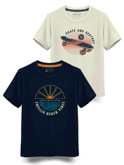 HELLCAT - Trendy Navy Blue Beige Graphic T-Shirts (Pack of 2)