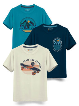 HELLCAT - Trendy Beige Blue Turquoise Graphic T-Shirts (Pack of 3)