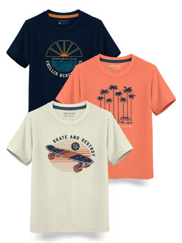 HELLCAT - Trendy Beige Saffron Navy Graphic T-Shirts (Pack of 3)