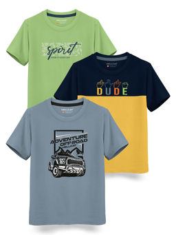 HELLCAT - Trendy Bluish Grey Yellow Green Graphic T-Shirts (Pack of 3)