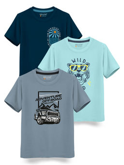 HELLCAT - Trendy Bluish Grey Green Blue Graphic T-Shirts (Pack of 3)