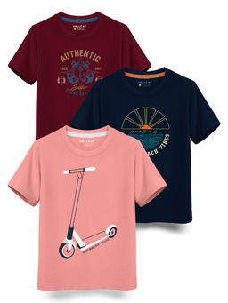 HELLCAT - Trendy Pink Navy Blue Burgundy Graphic T-Shirts (Pack of 3)