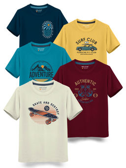 HELLCAT - Trendy Beige Burgundy Turquoise Mustard Petrol Graphic T-Shirts (Pack of 5)