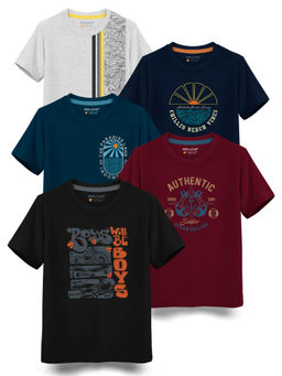 HELLCAT - Trendy Black Burgundy Blue Navy White Melange Graphic T-Shirts (Pack of 5)