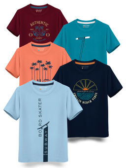 HELLCAT - Trendy Sky Blue Navy Saffron Aqua Burgundy Graphic T-Shirts (Pack of 5)