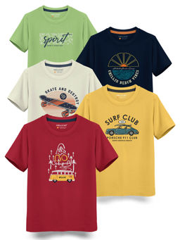 HELLCAT - Trendy Maroon Mustard Beige Navy Blue Jade Green Graphic T-Shirts (Pack of 5)