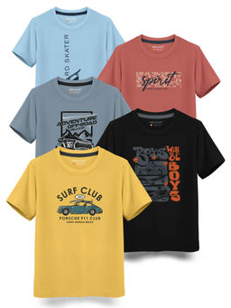 HELLCAT - Trendy Mustard Black Bluish Grey Brick Sky Blue Graphic T-Shirts (Pack of 5)