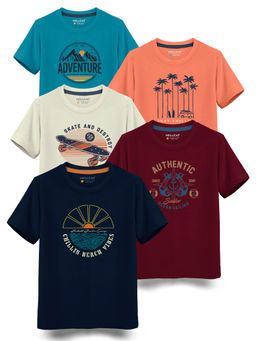 HELLCAT - Trendy Navy Burgundy Beige Saffron Turquoise Graphic T-Shirts (Pack of 5)