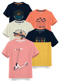 HELLCAT - Trendy Pink Yellow Beige Saffron Navy Blue Graphic T-Shirts (Pack of 5)