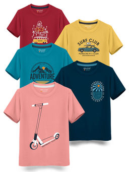 HELLCAT - Trendy Pink Petrol Blue Turquoise Mustard Maroon Graphic T-Shirts (Pack of 5)