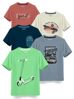 HELLCAT - Trendy Green Grey Petrol Blue Beige Brick Graphic T-Shirts (Pack of 5)