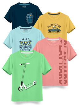 HELLCAT - Trendy Green Pink Mustard Petrol Blue Graphic T-Shirts (Pack of 5)