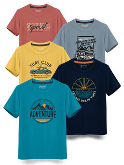 HELLCAT - Trendy Turquoise Navy Mustard Bluish Grey Brick Graphic T-Shirts (Pack of 5)