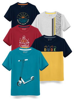 HELLCAT - Trendy Aqua Yellow Maroon White Melange Navy Graphic T-Shirts (Pack of 5)