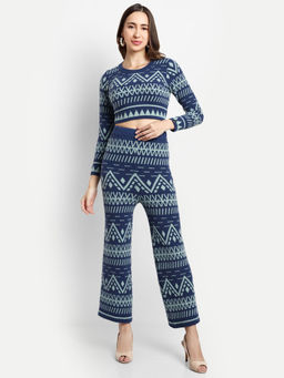 Creative Line - Navy Blue Woven Knitted Crop Top & Pant Co-Ord (Set of 2)