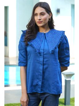 Label Swish - Swish SoirAe Royal Blue Embellished Pleated Collar Shirt
