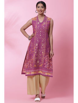 Biba - Women Purple Cotton Floral Print Straight Kurta