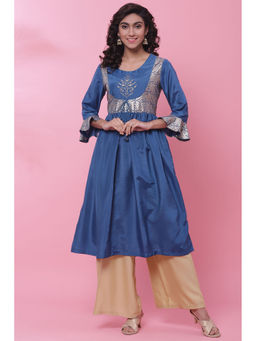 Biba - Women Blue Art Silk Woven Flared Kurta