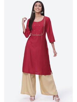 Biba - Women Maroon Art Silk Zari Embroidered Kurta