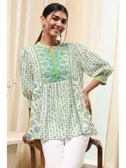 Biba - Women Green and White Pleated Short Kurti