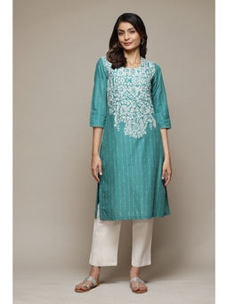 Biba - Women Sea Green Cotton Straight Floral Printed Kurta