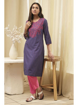 Biba - Women Purple Cotton Straight Floral Printed Kurta