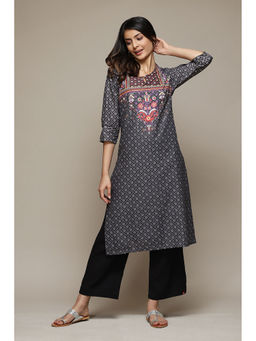 Biba - Women Black Cotton Straight Floral Printed Kurta