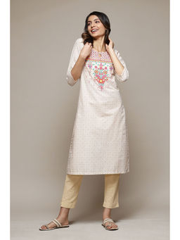 Biba - Women Off White Cotton Straight Floral Printed Kurta