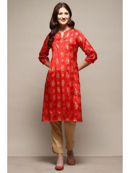 Biba - Women Red Rayon Floral Printed Kurta
