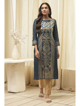 Biba - Women Grey Rayon Foil Floral Printed Kurta