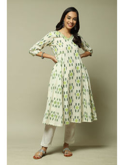 Biba - Women Off White Cotton Ikat Printed Flared Kurta