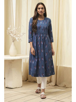 Biba - Women Navy Blue Cotton Ikat Printed Flared Kurta