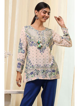 Biba - Women Blue and Beige Modal Floral Print Straight Kurti