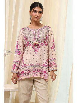 Biba - Women Pink and Beige Modal Floral Print Straight Kurti