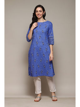 Biba - Women Blue Cotton Straight Floral Printed Kurta