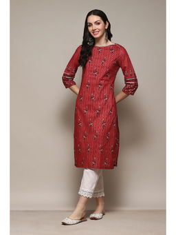 Biba - Women Red Cotton Straight Floral Printed Kurta