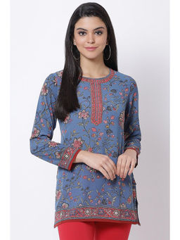 Biba - Women Blue Art Silk Straight Floral Printed Kurti