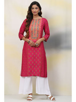 Biba - Women Fuchsia Pink Floral Print Straight Rayon Kurta