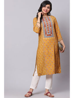 Biba - Women Mustard Floral Print Straight Rayon Kurta