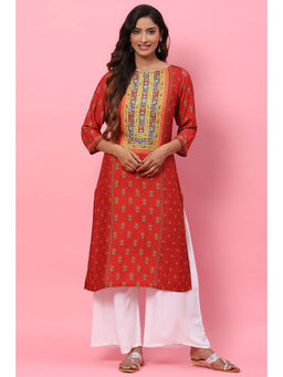 Biba - Women Red Floral Print Straight Rayon Kurta