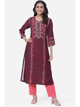 Biba - Women Berry Wine Floral Print Straight Rayon Kurta